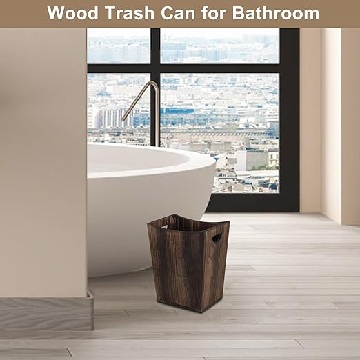 SEHERTIWY Wood Trash Can, Farmhouse Wastebasket Bin for Bathroom, Office, Bedroom, Living Room, Small Square Rustic Garbage Container (Wood-Brown)