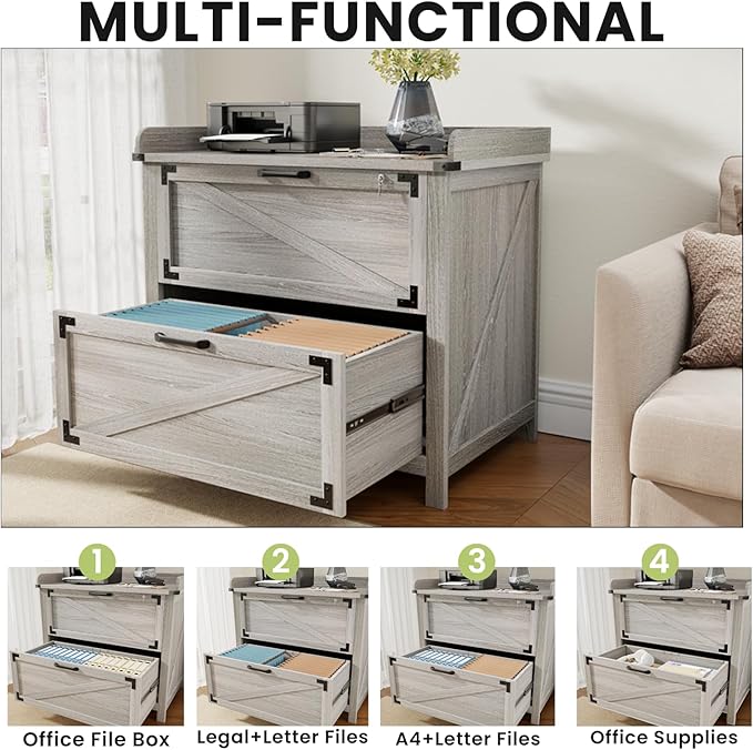 2 Drawer File Cabinet with Lock, Modern Farmhouse Filing Cabinet for Legal/Letter/A4 Size Hanging Files, Large Wood File Cabinets for Home Office