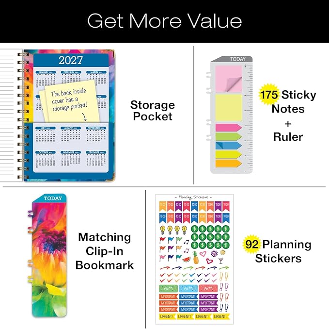 HARDCOVER 2026 Planner, 5.5"x8": 14 Months (November 2025 - December 2026), Daily Weekly Monthly Planner, Yearly Agenda, Bookmark, Pocket Folder and Sticky Note Set (Rainbow Petals)