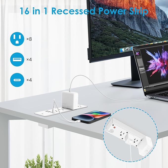 HHSOET 16 in 1 Recessed Power Strip Flat Plug, 30W Fast Charging Furniture Outlet with USB, Conference Recessed Surge Protection with 8 AC Plugs, 4 USB Ports 4 USB-C, 6ft Power Cord.(White)