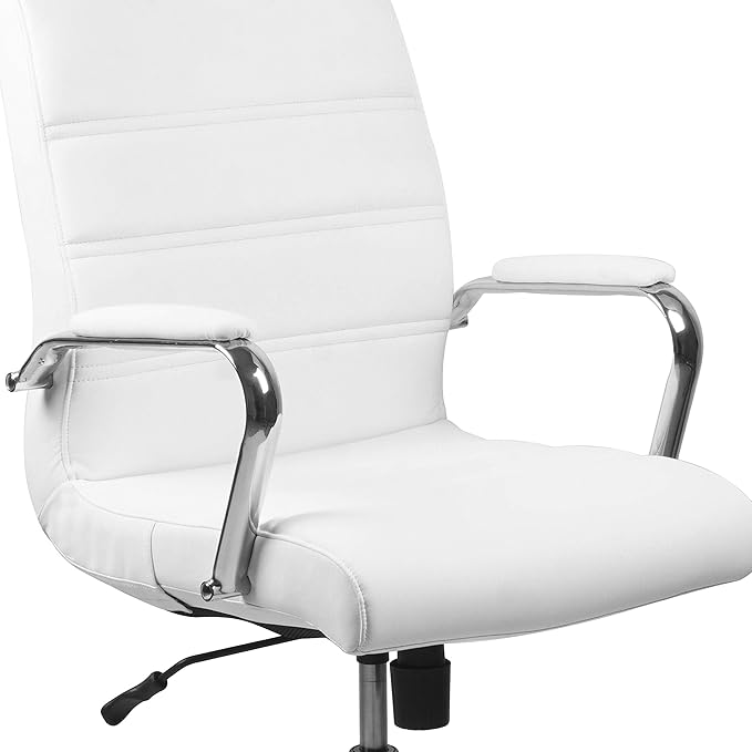 Flash Furniture Whitney Mid-Back Swivel LeatherSoft Desk Chair with Padded Seat and Armrests, Adjustable Height Padded Office Chair, White/Chrome