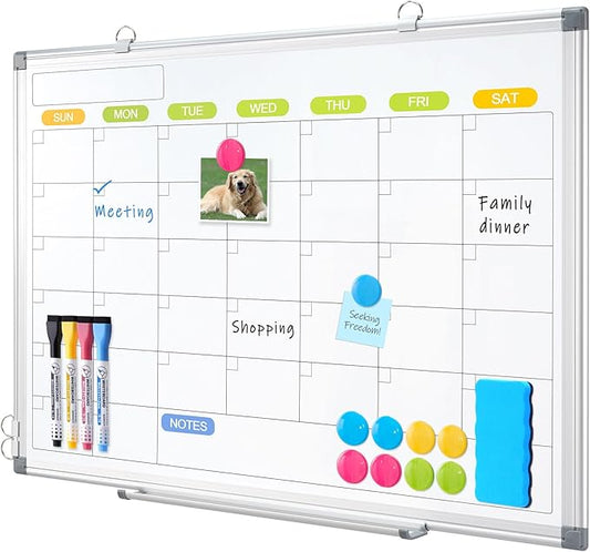 Dry Erase Calendar Whiteboard for Wall, WALGLASS 36" x 24" Magnetic White Board, Monthly Dry Erase Calendar with Silver Aluminum Frame, Double-Sided Hanging Portable Board for Office, Home, School