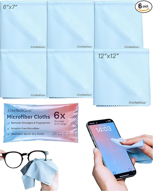 Elite Tech 6-Pack Oversized Microfiber Cloths for Electronic Devices, Eyeglasses, Screens and Lenses - Washable; 6×7 in & 12×12 in - Eyeglass Cloth - Glasses Cleaner