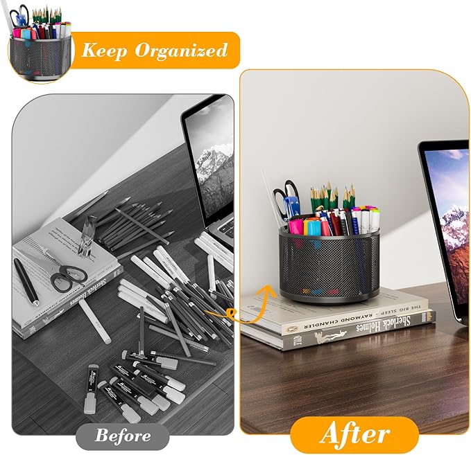 LUCYCAZ 360 Rotating Metal Pencil Pen Holder for Desk, Rotating Pencil Cup with 5 Slots, Dual-Purpose Desk Pen Organizer for Office, School, Home (Round)