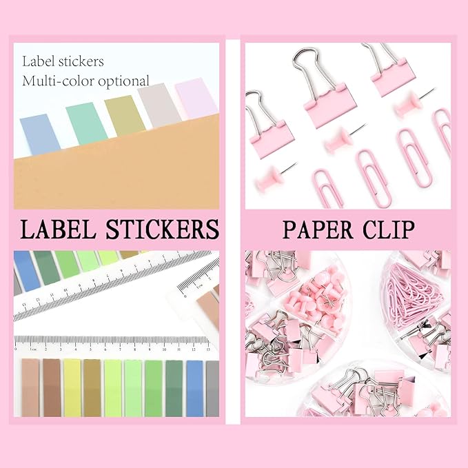 Pink Office Supplies, UPIHO Pink Desk Accessories, Stapler and Tape Dispenser Set for Women with Stapler, Tape Dispenser, Staple Remover, Staples, Clips, Scissor and Tabs,Gift for Students, Coworkers