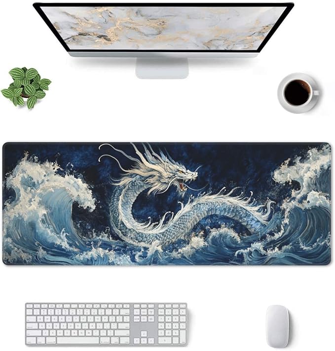 Dragon Wave Mouse Pad 31.5 X 11.8 Inch Big Desk Rubber Base Stitched Edges Keyboard Pad XXL Mouse Mat for Home Game and Office