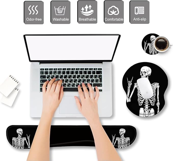 ArtSo Mouse Pad Keyboard Wrist Rest Support Ergonomic, Upgraded Cushion Mousepad Gel Memory Foam Non-Slip Rubber Base Pain Relief & Easy Typing for Home,Office, Human Skeleton Black