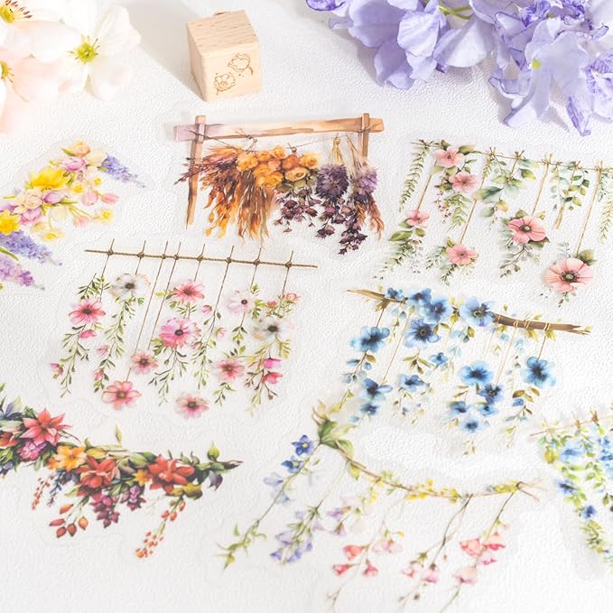 Hanging Floral PET Stickers Set, 60PCS Botanical Flower Stickers for Scrapbooking, Journaling, DIY Crafts, and Art Supplies