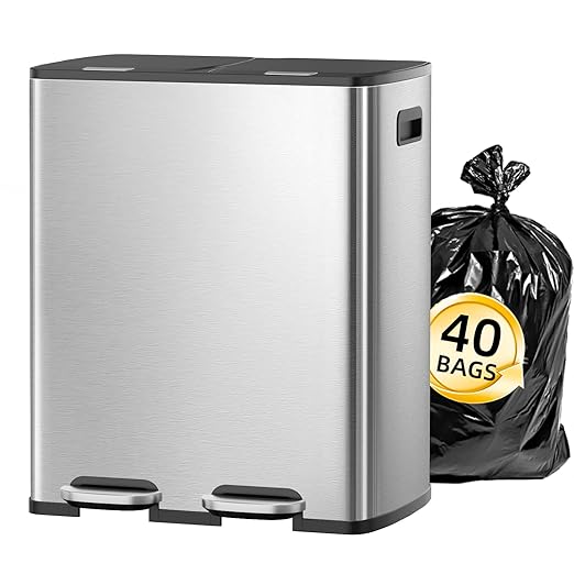 KUK 60 Liter / 16 Gallon Dual Trash Can with Lid, Stainless Steel Kitchen Step Garbage Can, 2 x 8 Gal Double Compartment Classified Rubbish Bin with 2 Plastic Inner Buckets Silver