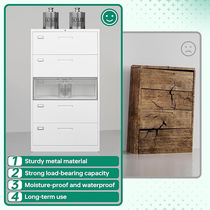 Letaya Lateral 5 Drawer File Cabinet with Lock,Metal Wide White Filing Cabinets for Home Office Storage A4/F4/Letter/Legal(Assembly Required)