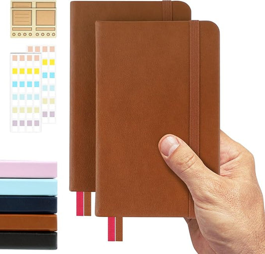 Pocket Dotted Notebook, 2-Pack Dot Grid Notebook, Dotted Journal with Stickers, 3.5" x 5.5" Hardcover, Small Mini A6 size, 160 Pages, 100 gsm Thick Paper, Cognac Brown