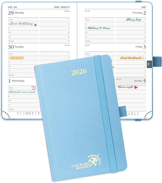 POPRUN 2026 Planner (Pocket Size 4''x 6.25'' Hardcover) - Small Calendar for Purse with Hourly Schedule & Vertical Weekly Layout, Monthly Calendars, 100 GSM - Haze Blue
