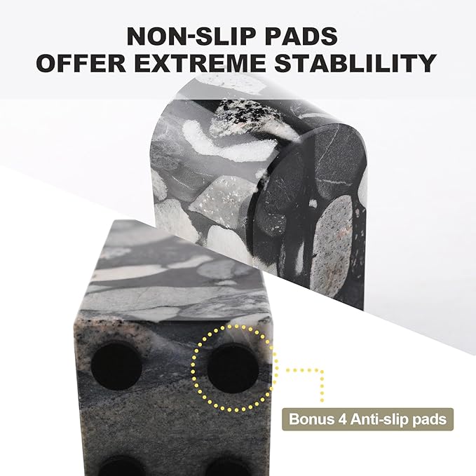 Koville Luxury Marble Bookends for Shelves, Decorative Stone Book Ends, 7lbs Heavy-Duty Marble Book Holders, Bookshelf Apartment Decor for Normal Books/CD/Video Games