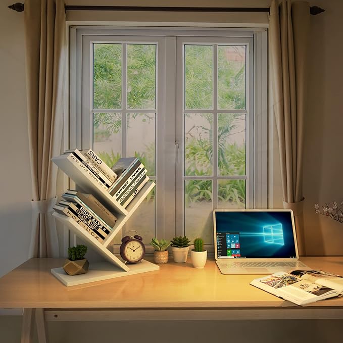 Godferyxin Tree Bookshelf, 3-Tier Wood Mini Bookshelf and Small Bookcase for Office, Home or School Desk Book Shelf for for Displaying Books, CDs, Magazines Wood Storage Rack-Whit