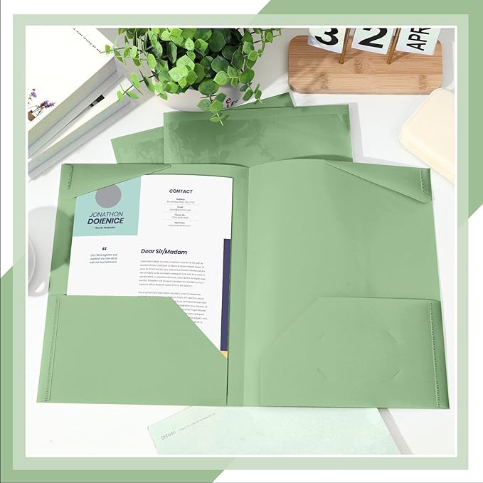 Henoyso 36 Pcs Plastic Folders with Clear Front Pockets Heavy Duty File Folders with 2 Pockets and Card Slot for Student Communication School Office Presentation Report (Sage Green)
