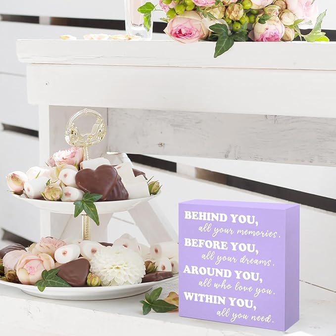 Behind You All Your Memories Purple Wooden Box Block Sign Graduation Quote Decor Desk Sign Purple Positive Office Decor for Women Desk Cubicle Decoration Grad Gift