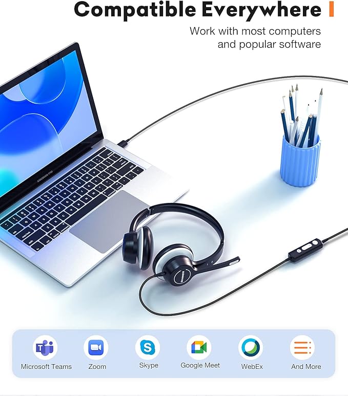 USB Headset with Microphone, 3.5mm Wired Computer Headsets with Noise Cancelling Microphone, Stereo Headphones with MIC for PC, in Line Controls, Work Headset for Skype Zoom Tablet Laptop