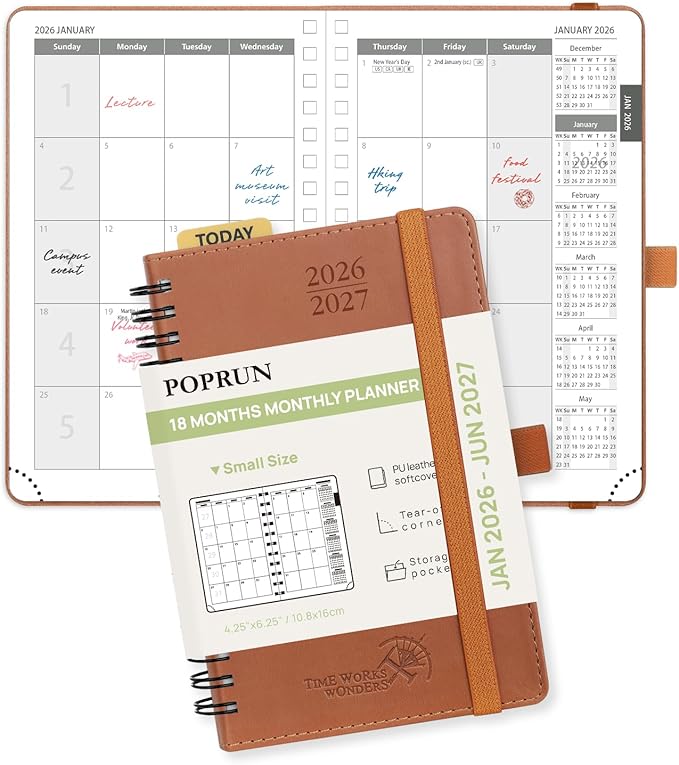 POPRUN Monthly Planner 2026-2027 (Pocket 4.25" x 6.25") 18 Months Calendar (Jan 2026 - Jun 2027) - 4 Pages per Month with Expense & Notes, Leather Cover, Sunday Starts - Brown