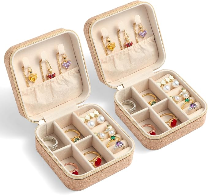 2 Pack Travel Jewelry Case – Small Retro Print Jewelry Organizer Box, Portable PU Leather Mini Storage for Rings, Earrings, Necklaces, Bracelets – Gift for Women & Girls