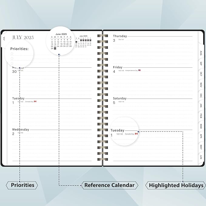Planner 2025-2026, July 2025 - June 2026 Daily Weekly and Monthly Calendar Planner Book with Tabs, Notes Pages, Inner Pocket, Spiral Schedule Agenda A5, Back to School Supplies for School, College, Work-BLACK