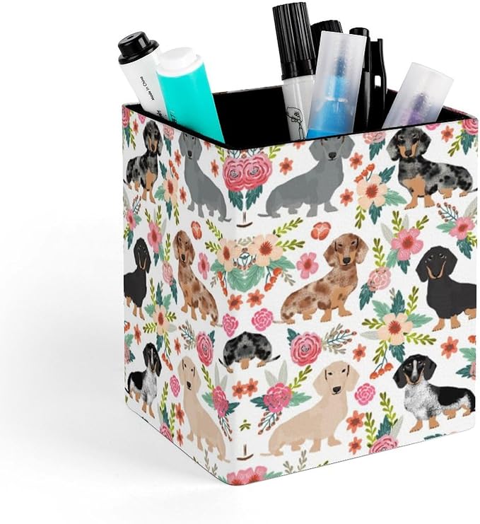 Square Pen Holder & Pencil Organizer for Desk - Office Storage Organizer, Markers/Makeup Brushes/Scissors Holder, Compact Desk Decor Accessories for Home Classroom School(Dachshund)