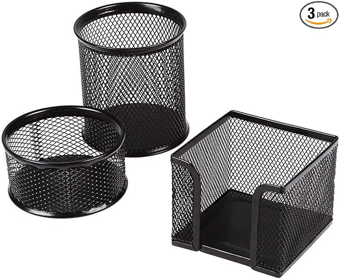 Pen Holder Desktop Pencil Organizer Metal Mesh Pen Cup Paper Clip Holder Memo Pad Holder Stationary Organizer for Desk 3 Pieces of a Set