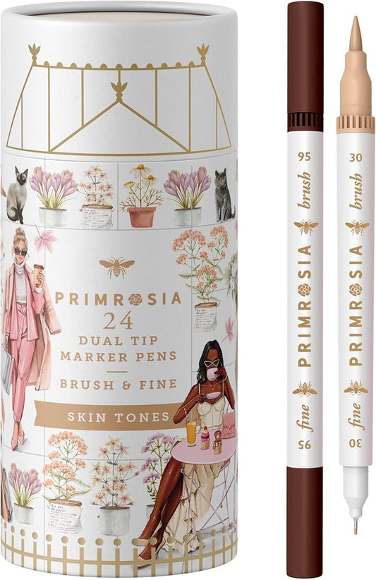 Primrosia 24 Skin Tones Dual Tip Marker Pens, Hair and Portrait Watercolor Sketch Set – Fine and Brush Ends, Art Supplies for Coloring, Sketching and Drawing