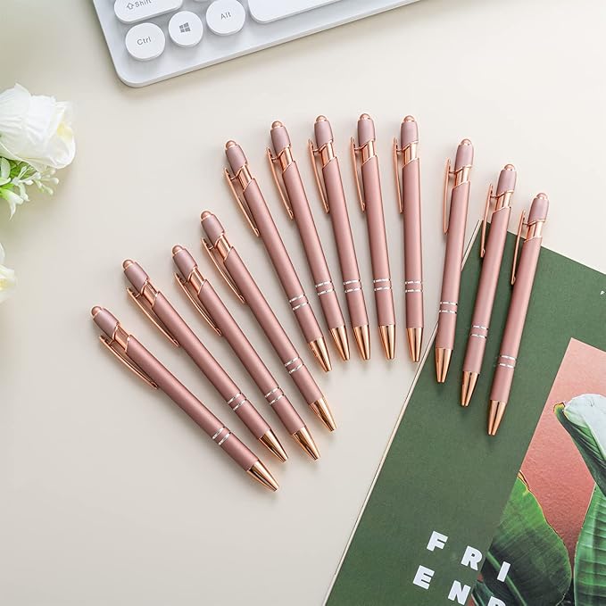 PASISIBICK 12 Pieces Rose Gold Ballpoint Pen with Stylus Tip, 2 in 1 Rose Gold Stylus Pens Stylish Pen, Metal Stylus Pen for Touch Screens, 1.0 mm Black Ink(Pack of 12)