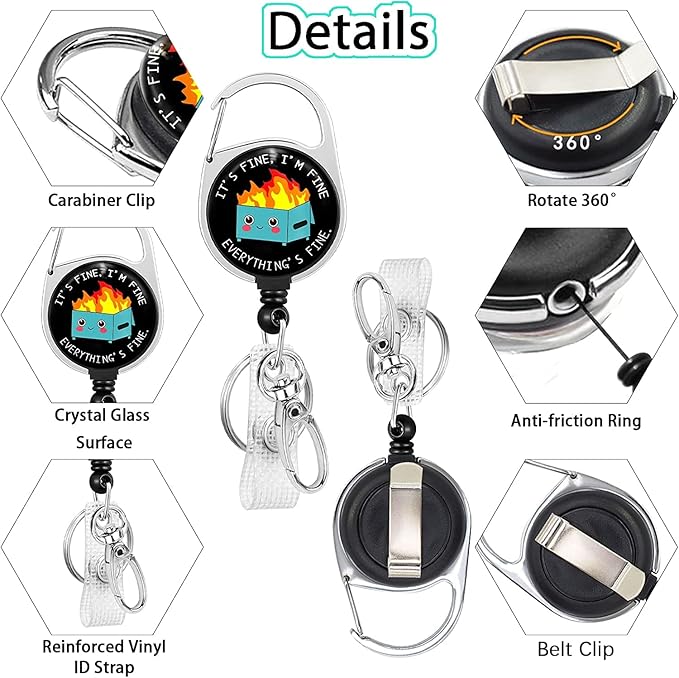 Gctriki Badge Reel Holder Retractable Heavy Duty with 360°Swivel Carabiner Belt Clip, Funny Dumpster on Fire ID Badge Holder Retractable Keychain ID Clip Name Badge Clip I'm Fine It`s Fine