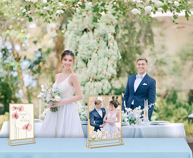 Acrylic Sign Holder 5x7 - Gold Acrylic Double-Sided Picture Frame Display Stand, Clear Table Tent Menu Holder & Plastic Paper Holder - Vendor Booth Display Items for Wedding Business Store Party