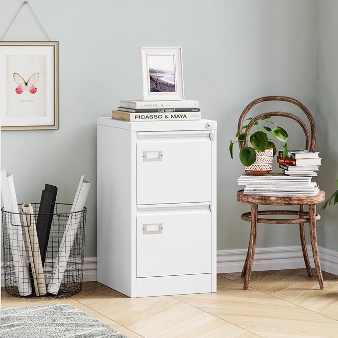 MIIIKO White 2 Drawer File Cabinet, Vertical Filing Cabinet with Lock, Home Office Storage Cabinet for Letter Legal A4 File Size