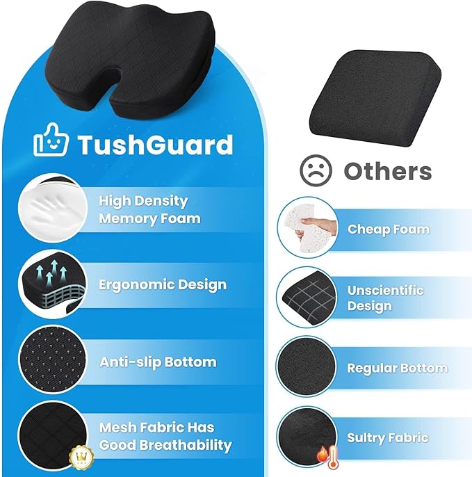 TushGuard Office Chair Cushions with Handles, Back&Seat Cushion, Sciatica & Back Coccyx Tailbone Discomfort Easing Chair Pad, Memory Foam Lumbar Support Pillow for Gaming, Desk, Car (Black, X-Large)