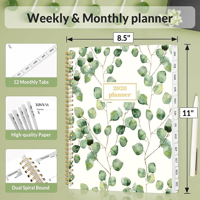 SUNEE Planner 2026 Weekly and Monthly, January 2026-December 2026, 8.5"x11", Tabs, Note Pages,Spiral Binding, Eucalyptus