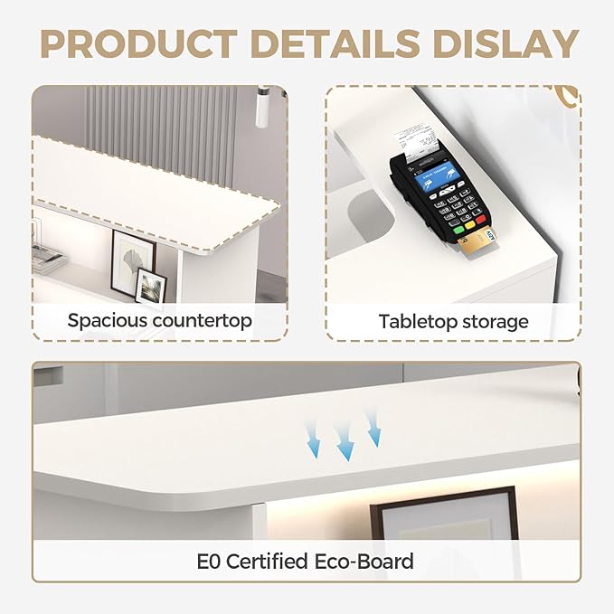 Modern Reception Desk with LED Lights - 59" Front Desk Reception Counter with Dual Display Shelves & Hidden Cable Management, Lockable Drawer & Storage Cabinet for Office, Salon, Spa, Retail, Right