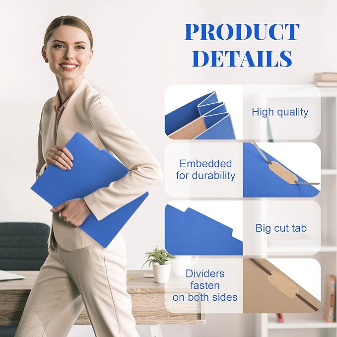 Skyygemm 12 Pack Classification File Folders Bulk with Divider and 2" Expansion, Pressboard Folder with 2 Prong Fasteners for Employee Records Medical Charts Office Document Organization(Dark Blue)