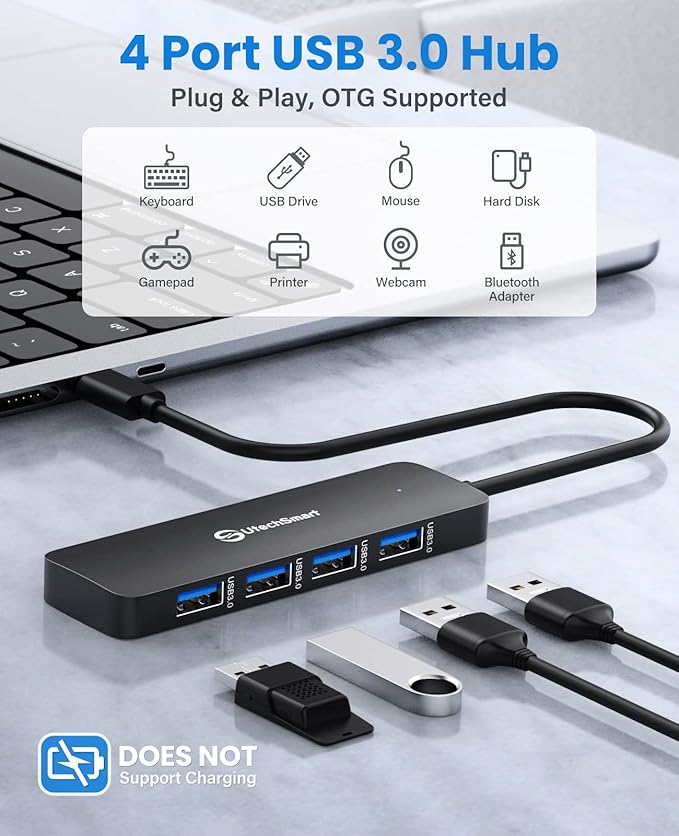 UtechSmart USB 3.0 Hub, 4 Port USB Hub Splitter with 5 Gbps Data Transfer, USB Expander Compatible for MacBook Pro 13/14/15/16, New Mac Air/Surface, ChromeBook, Multiport Charging & Connecting Adapter