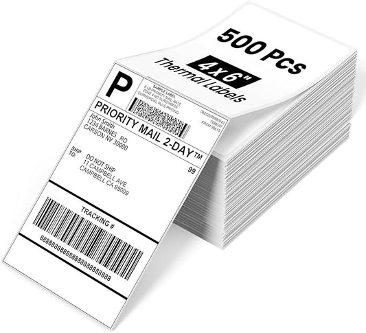 Phomemo 4x6 Shipping Labels, 500 PCS Fan-Fold Thermal Labels, Compatible with MUNBYN,JADENS,Nelko,Phomemo 241bt,243BT, D450BT,D520BT,2411BT Label Printer,Water/Oilproof Label Stickers for Address Mail