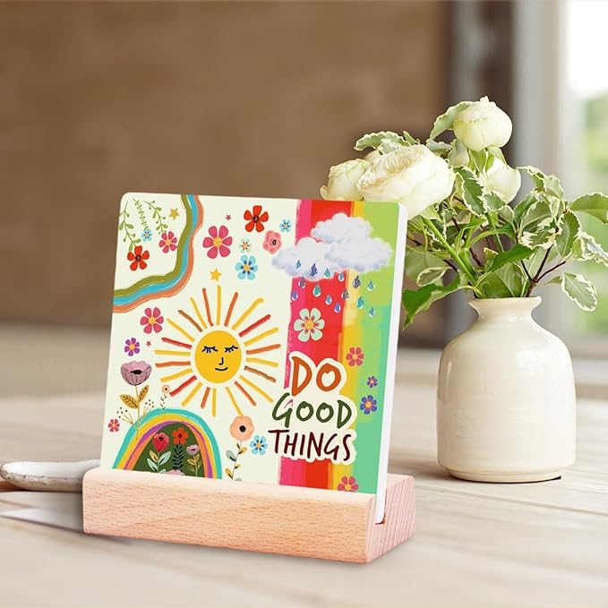 Inspirational Gifts for Women Girls Friends Birthday Christmas-Encouragement Gift Cheer Up Gifts for Friends-Motivational Sign Ceramic Plaque Desk Decor-Sun and Rainbow Sign