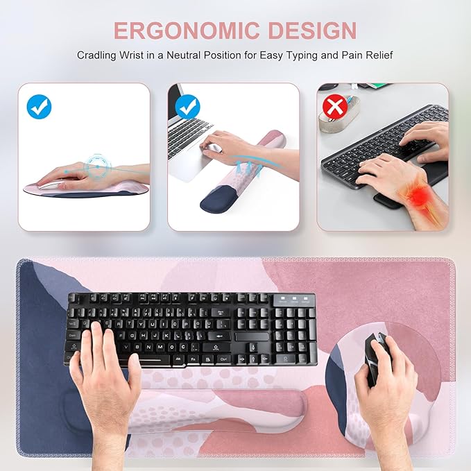 iCasso Desk Mat, Gaming Mouse Pad Wrist Support Set, XXL Large Mousepad + Keyboard Wrist Rest+Mouse Wrist Rest+Coastert with Ergonomic Design for Home Office Computer (C-Four-Pink-Block)