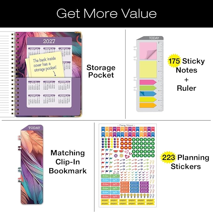 HARDCOVER 2026 Planner, 8.5"x11": 14 Months (November 2025 - December 2026), Daily Weekly Monthly Planner, Yearly Agenda, Bookmark, Pocket Folder and Sticky Note Set (Pastel Peacock)