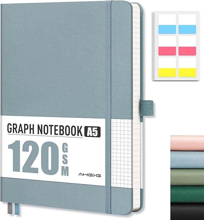 AHGXG Graph Paper Notebook - Grid Notebook Journal A5, 120 GSM Thick Graph Paper, 160 Pages, Leather Hardcover, for Graphing, Writing, Math, Engineering, 5.75'' × 8.38''- Gray Blue