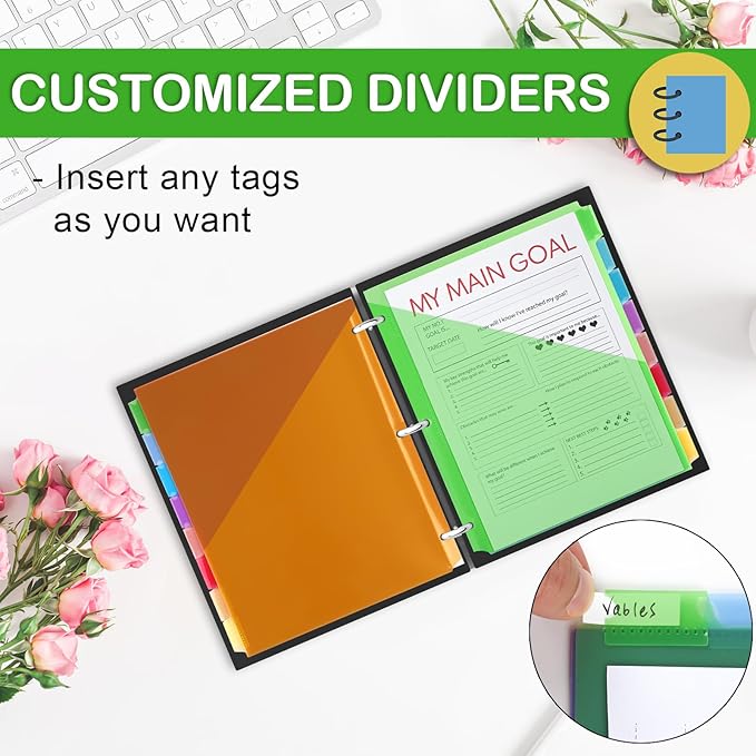 3 Ring Binder Dividers with Pockets, 8 Tab Plastic Dividers for 3 Ring Binders, Heavy Duty Binder Dividers with Blank Write Tabs for School Office Document Indexing and Protection, Multicolor
