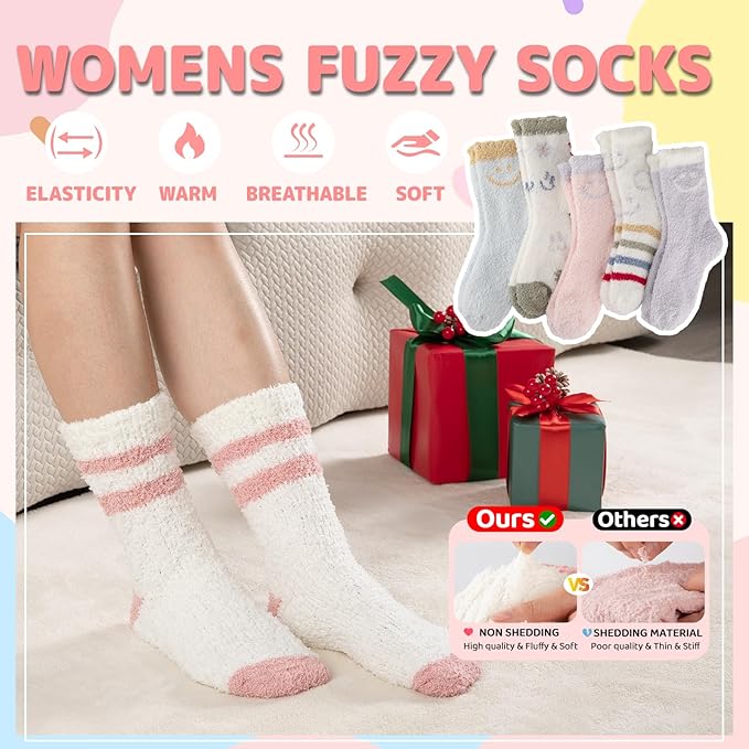 COOPLUS Fuzzy Socks for Women Warm Fluffy Cozy Winter Soft Home Slipper Socks (5 Pairs)
