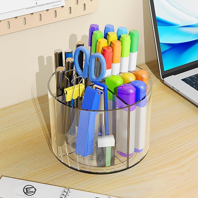 Acrylic Pen Holder, 360 Degree Marker Organizer for Desk, Rotating Desk Storage With 4 Compartments, Art Supply Crayon Holder for Office School Home, Clear