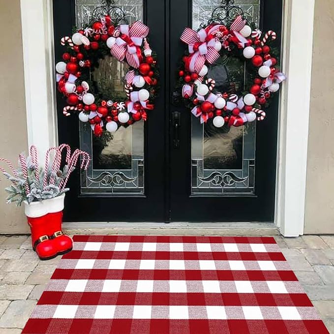 Buffalo Plaid Outdoor Rug, 3'x5' Red&White Christmas Check Indoor/Outdoor Area Rug, Layering Rug for Hello/Welcome Door Mat, Machine Washable Cotton Woven Rug for Farmhouse Front Porch, Entryway