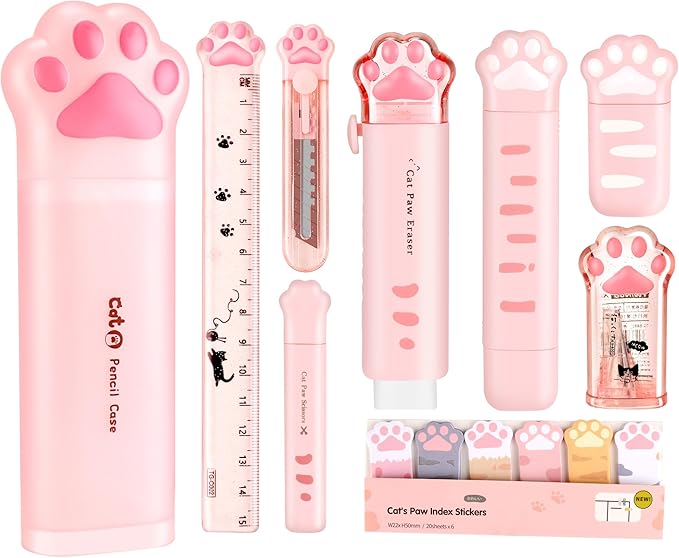 9Pcs Cute School Supplies, Cute Stationery,Includs Pencil Sharpener,Eraser, Correction Tape,Sticky Notes, Ruler, Scissors,Utility Knife, for Cute Office Supplies
