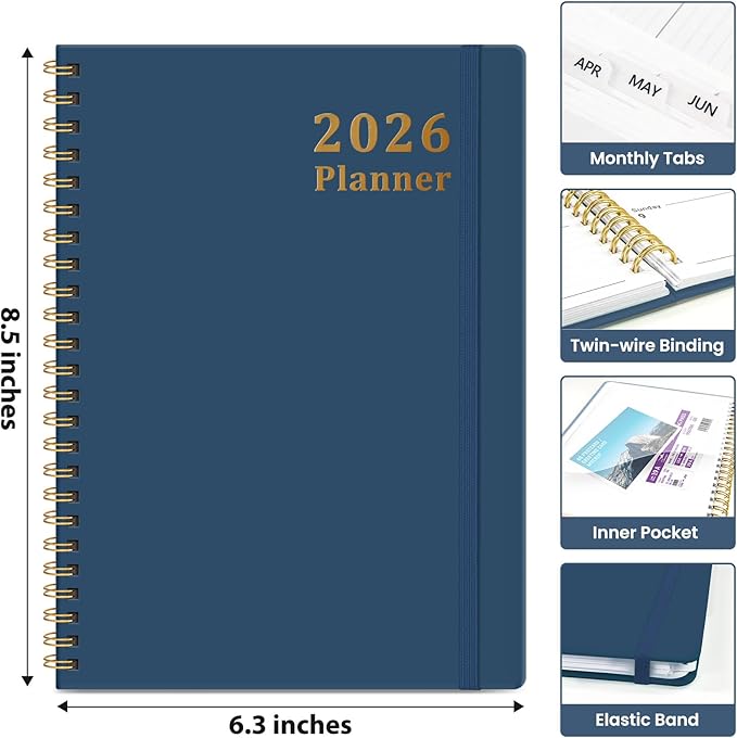2026 Planner, Weekly and Monthly Calendar Planner, January 2026 - December 2026, Hardcover 2026 Calendar Planner Book with Tabs For Women & Men, Inner Pocket, Spiral Bound, Perfect for Office Home School Supplies - A5 (6.3" x 8.5"), Navy