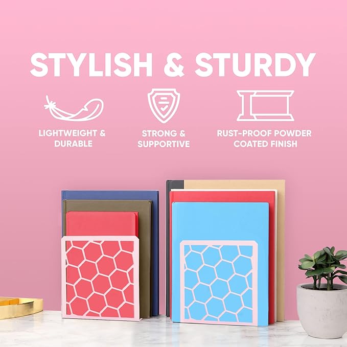 GEOMOD Geometric Honeycomb Pink Metal Bookends Decorative - Tall Sturdy Book Ends for Shelves - Modern Heavy Duty Bookend Stopper - Office or Home Book Shelf Book Holder - 6x3.25x6.25 Inches - 1 Pair