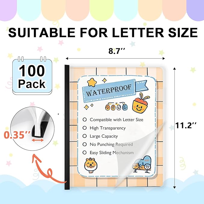 TOTiyea 100 Pack Letter Size Clear Report Covers with Sliding Bars, 9mm (70 Sheet Capacity) Sliding Bar File Folders, Black
