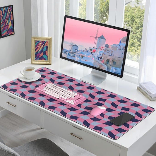 HAOCOO Checkered Desk Mat, 35.4" x 15.7" Leather Desk Matt, XXL Mouse Pad Office Decor, Non-Slip Keyboard Pads, Water Resistant Table Mat, Stitched Edge Keyboard Pad for School, Home(Pink)